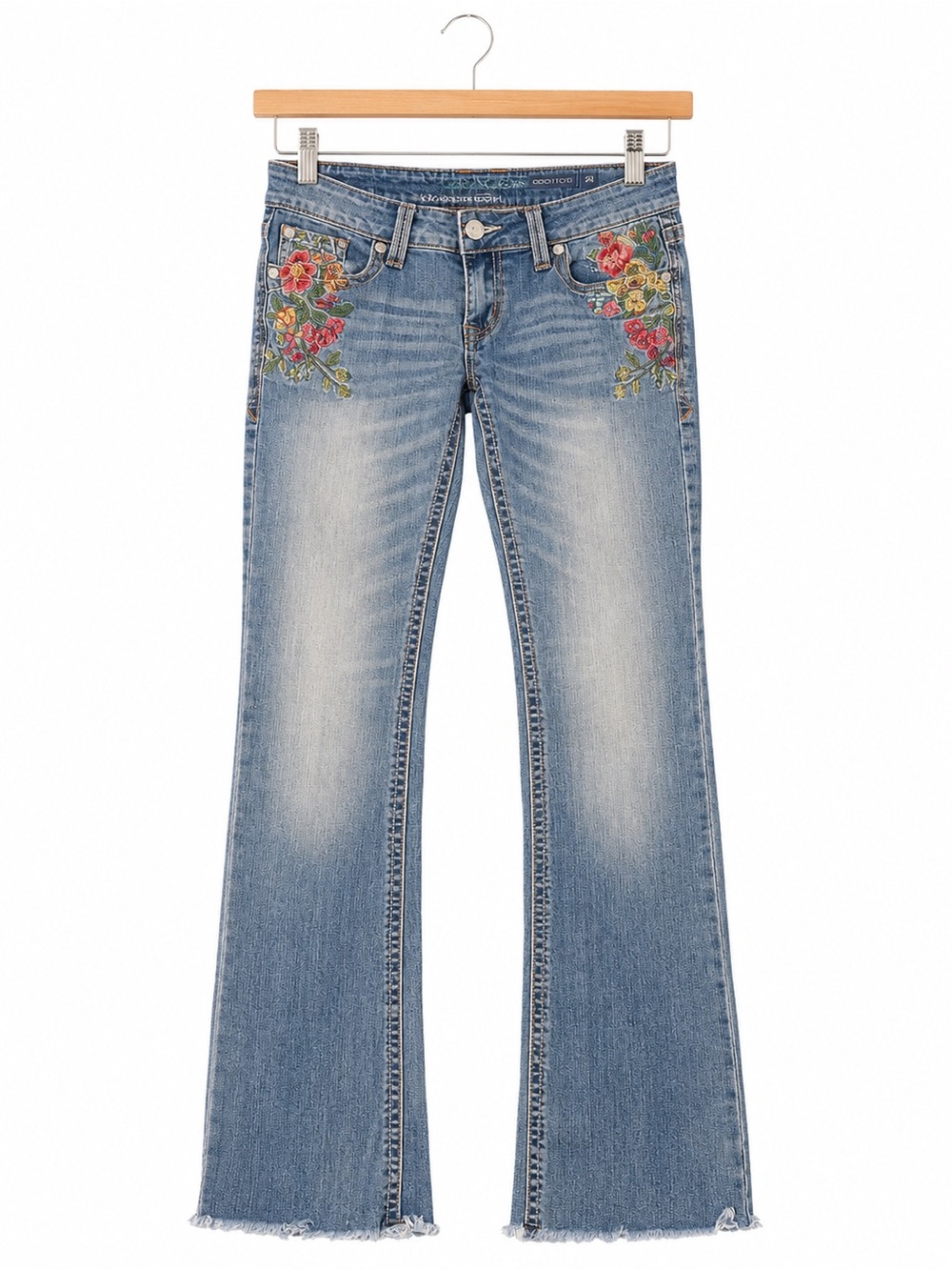 Grace in LA Floral Embroidered Raw Hem Bootcut Jeans 28